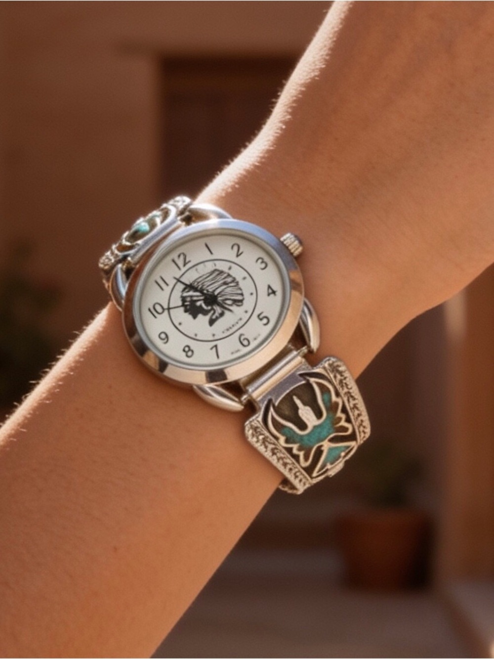 Silver Indian Head Watch Sterling Navajo Turquoise/Coral Thunderbird Band